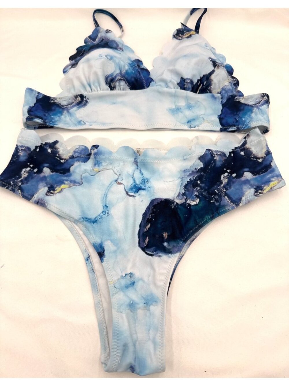Shein Blue & White Watercolor 2 Piece Maternity Bikini Scalloped Edges Small